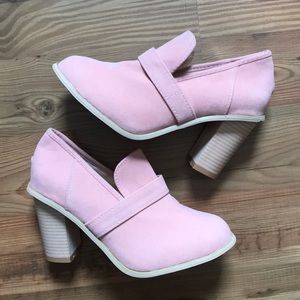 Pink Suede Stacked Heels